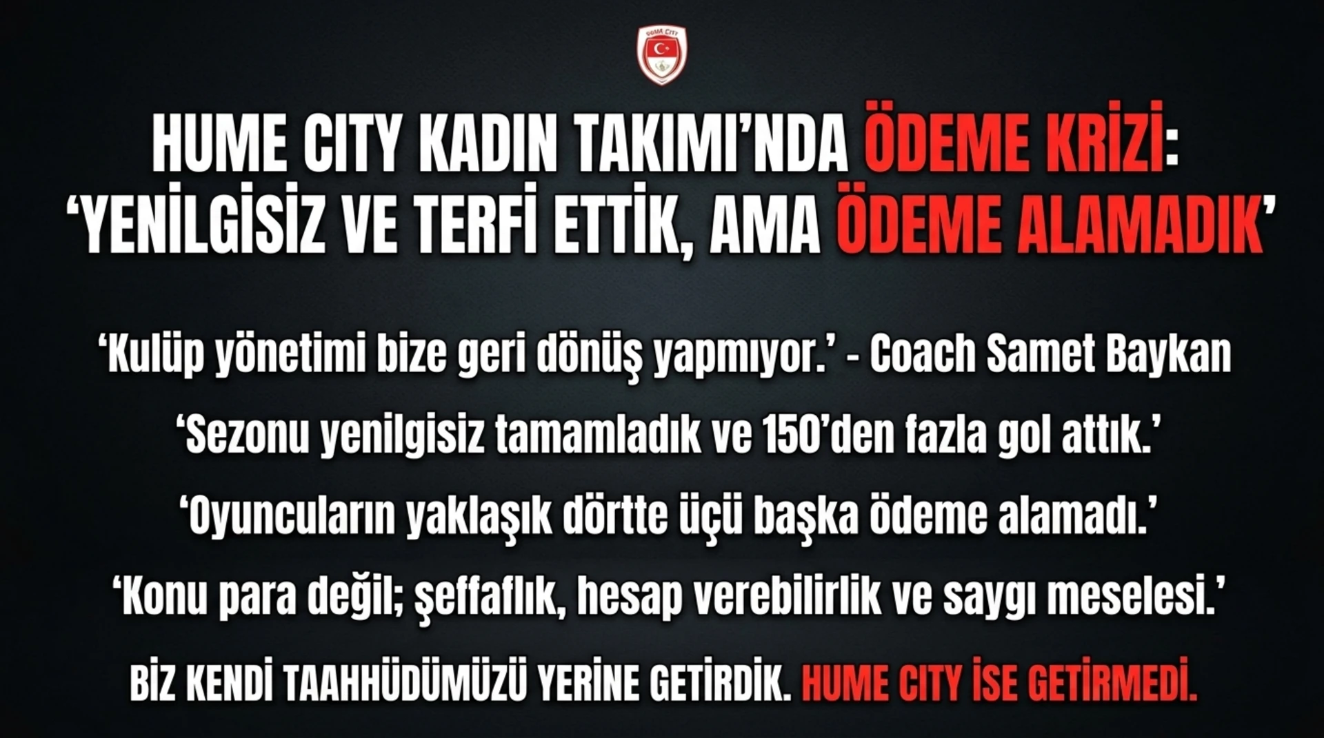 ŞOK AÇIKLAMA Hume City Takımı’nda Ödeme Krizi